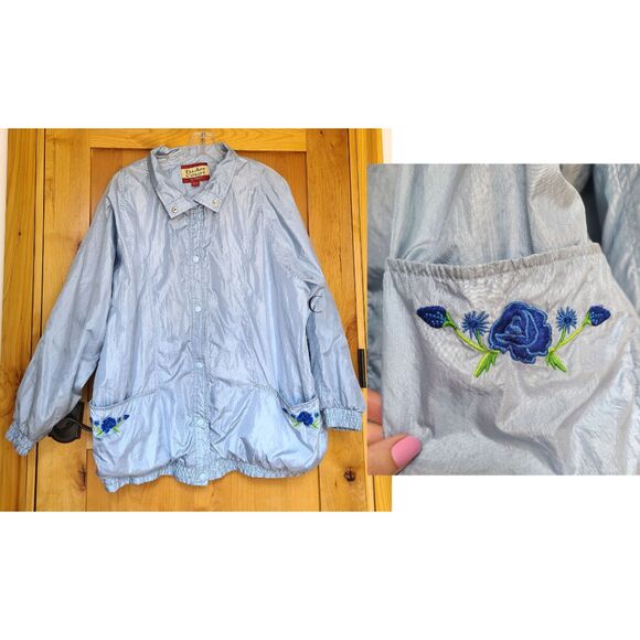 Tudor Court XL Embroidered Powder Blue Floral Windbreaker Jacket‎ Shiny Pastel - Picture 1 of 8
